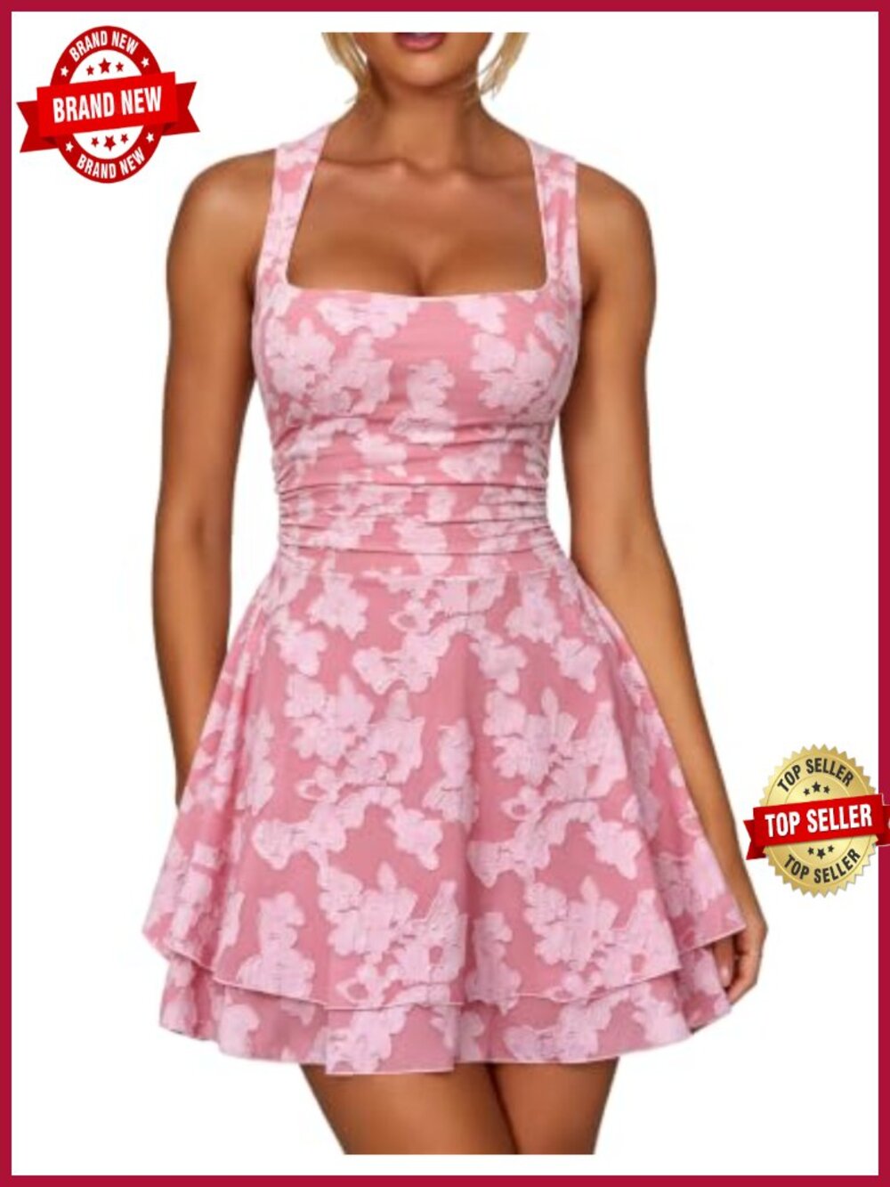 Floral Mesh Square Neck Ruffle A-Line Mini Dress Sleeveless